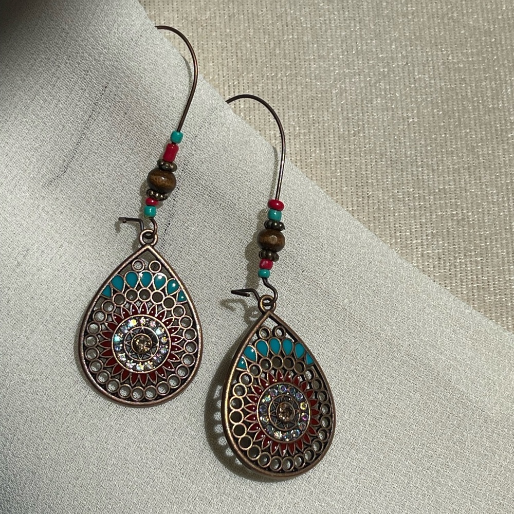 3/$16 Southwestern Antique Copper Drop Enamel Hoop Earrings